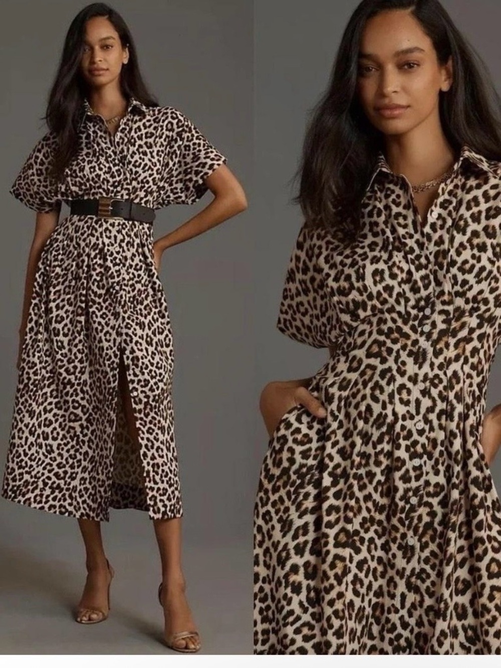 Anthropologie Exquise The Tobie Shirt Midi Dress Sz L Leopard Print Pockets